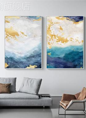 网红代轻奢画玄装饰关画现蓝色象办巨幅走廊竖挂版公室抽客厅背景