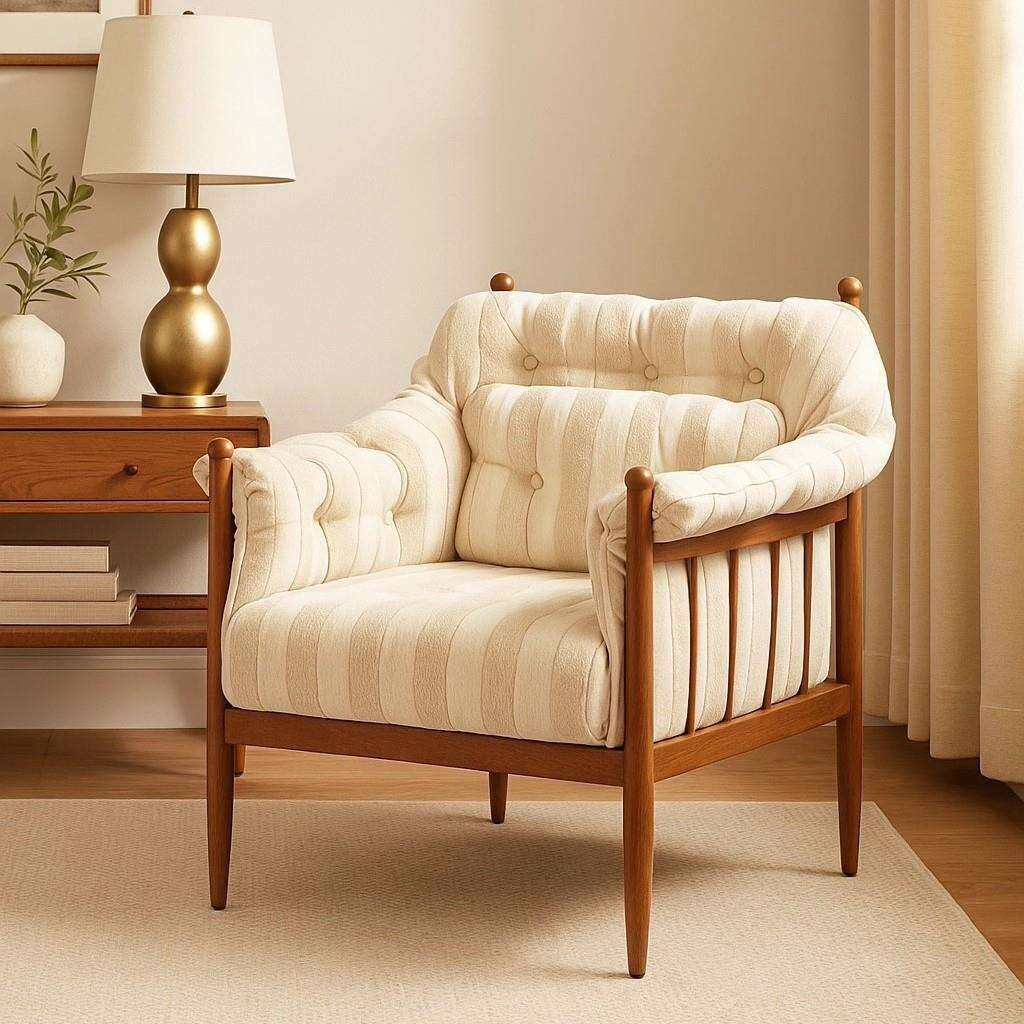 匠禾嗡嗡休闲椅布艺条纹法式复古小户型家用客厅阳台民宿单人沙发