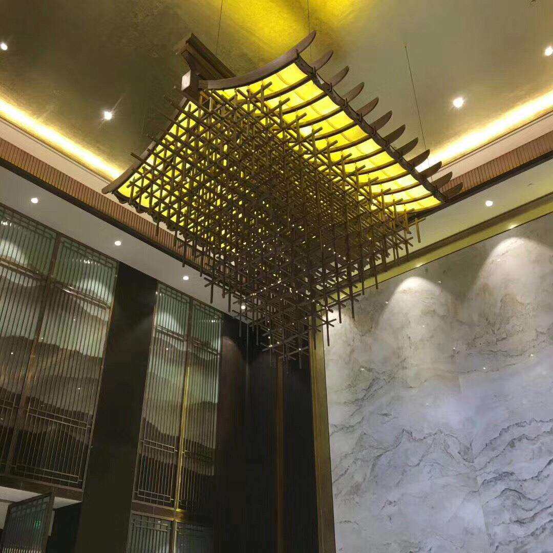 铁艺不锈钢中式建筑接待台创意空间茶楼禅意吊灯工程灯具非标