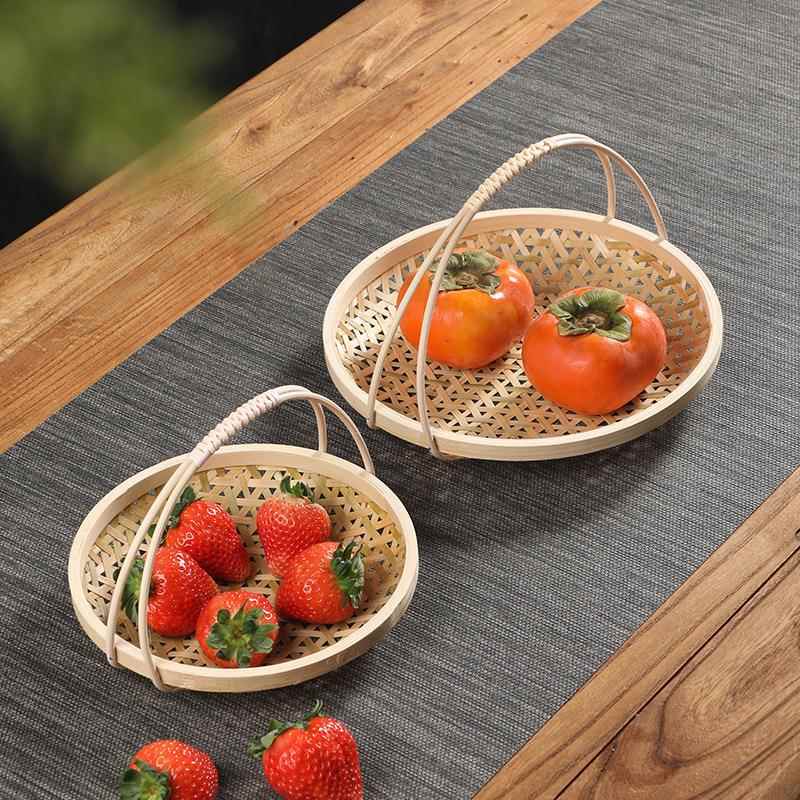 手工竹编制品水果篮茶点盘小提篮家用圆形竹筛子篮子收纳筐馒头筐