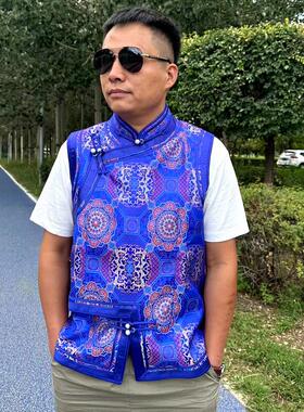 民族特色男士手工马甲蒙古传统高档里衬坎肩蓝色白色双面背心加厚
