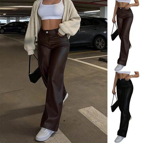 Women's High Waist Shiny Glossy PU Leather Wide Leg Fit
