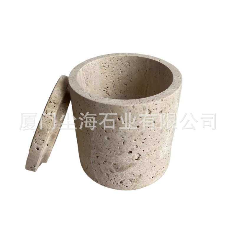 复古天然洞石带盖收纳盒设计摆件家居酒店桌面棉签盒储物罐装饰品