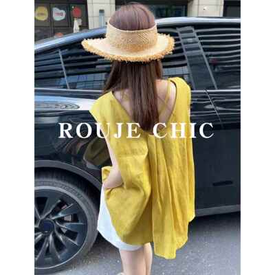 法国rouje chic设计感姜黄色交叉镂空无袖衬衫女夏季气质露背上衣