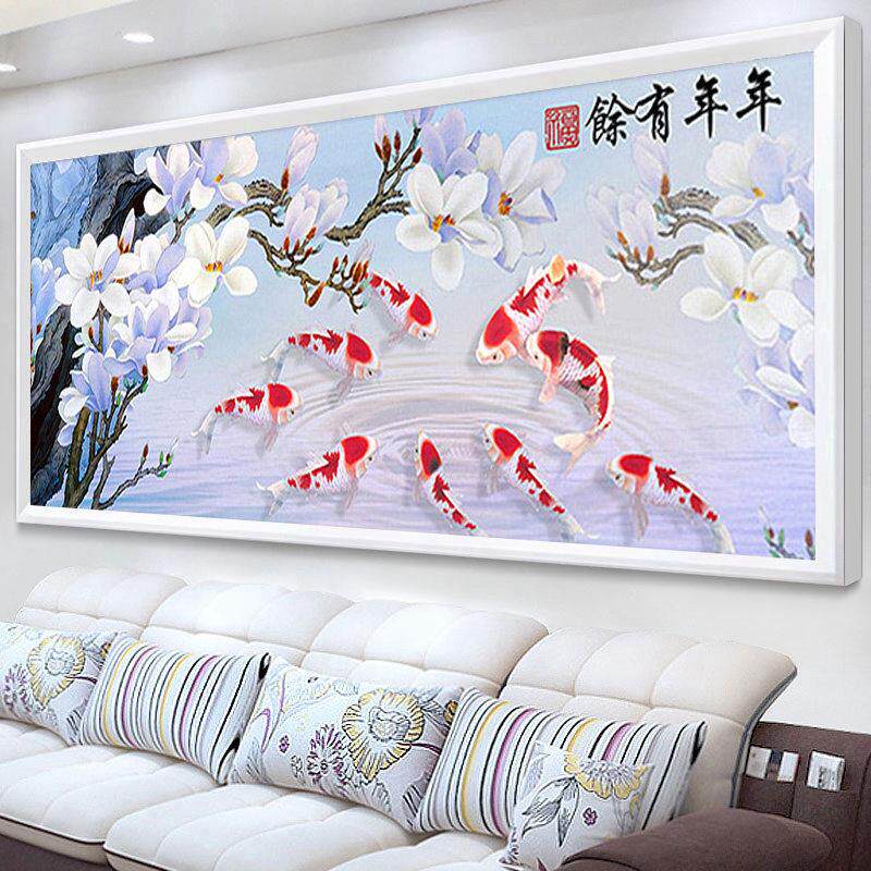 钻石画2024年新款砖石十字绣客厅满钻九鱼图带框5d年年有余粘2025