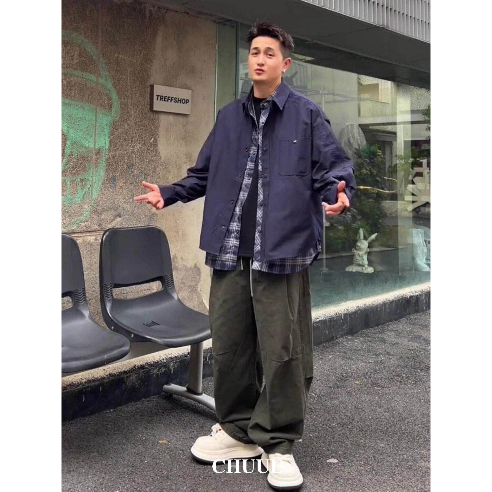CHUUE/假两件设计格子衬衫男2026新款潮牌时尚百搭休闲夹克外套