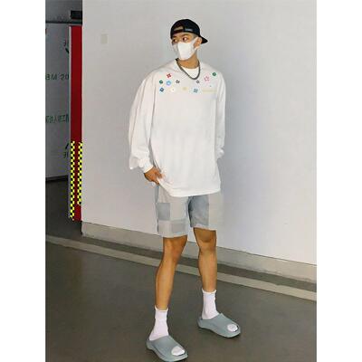 香港潮牌趣味小花印花长袖T恤男春秋重磅纯棉百搭内搭打底衫上衣