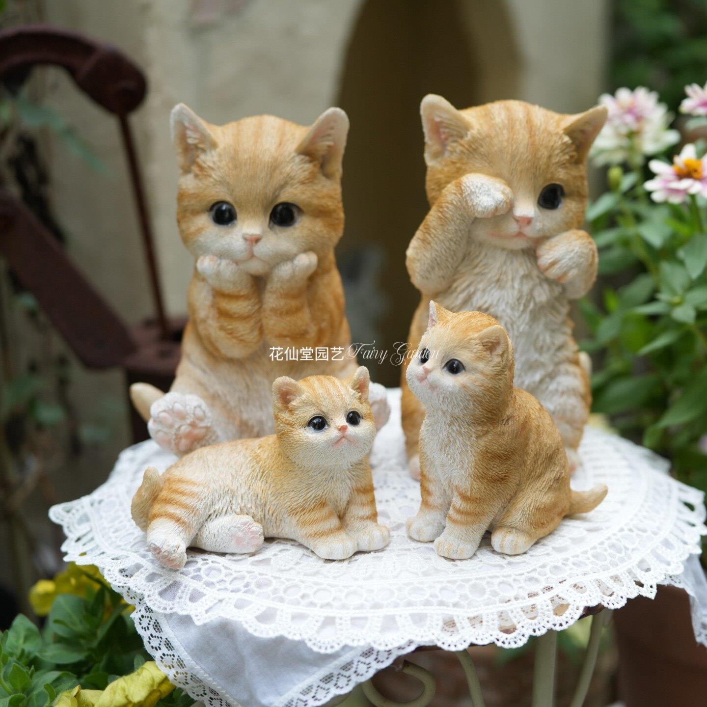 可爱仿真树脂小猫咪装饰摆件一家四口橘猫幼猫家居花园桌面工艺品
