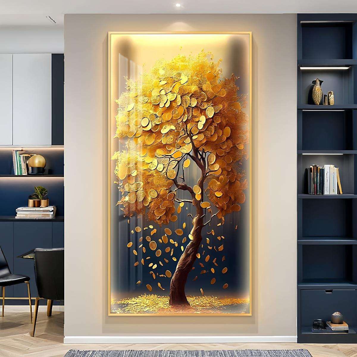 摇钱树led带灯轻奢入户玄关装饰画走廊过道竖版挂画简约现代壁画