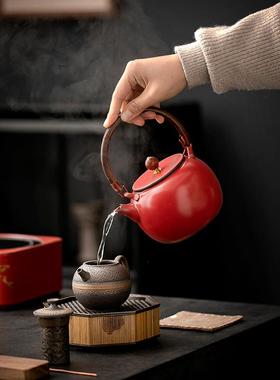 复古红色茶梁家用泡电陶炉壶炭火煮茶壶陶壶围炉煮茶提壶FLE烧水