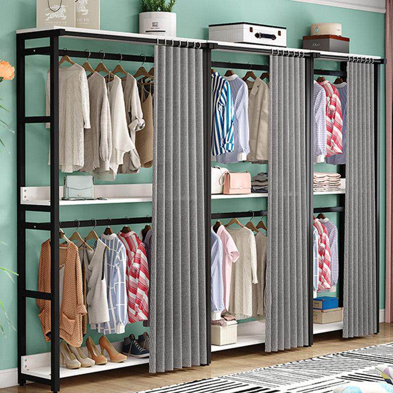 家用衣帽架开 放式落地挂衣架收纳柜欧式简易衣架带帘防尘衣帽实