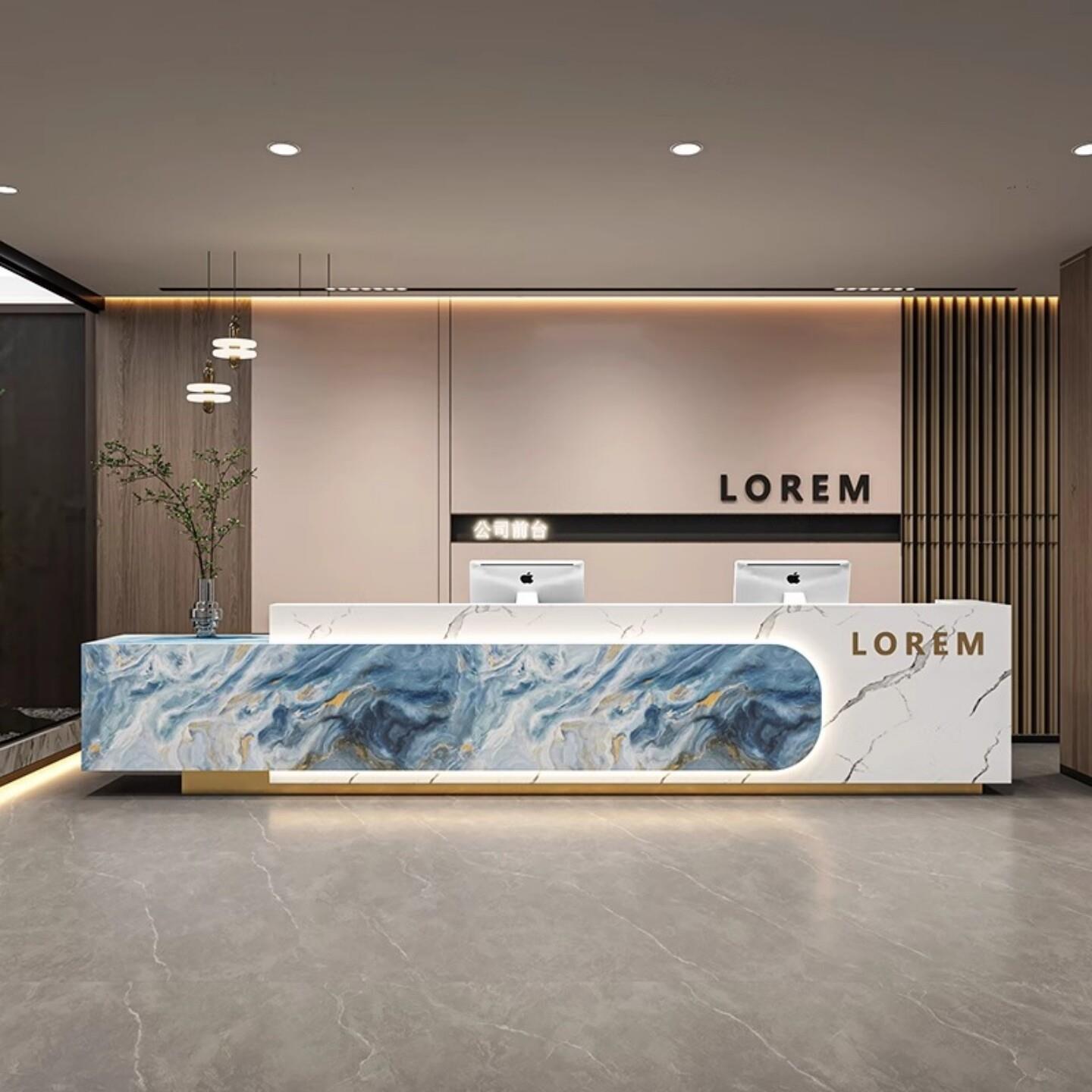 公司大理石前台接待台样品屋展示中心酒店大堂会所岩板吧台烤漆收图片
