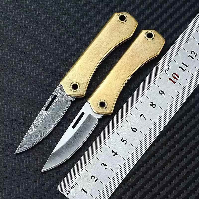 户外黄铜柄刀精美随身便捷迷你大马士铬钢EDC开箱多用折刀