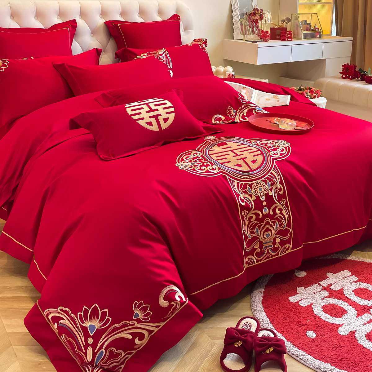 新中式龙凤刺绣100支婚庆四件套大红色纯棉床单被套结婚床上用品4,床上用品,婚庆床品套件,淘宝优惠券,粉丝福利购,淘宝优惠卷