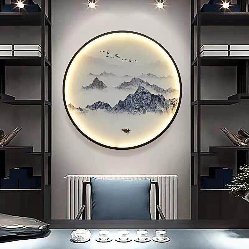 新中式山水装饰画壁灯圆形客厅茶室过道餐厅背景墙壁画灯中国风