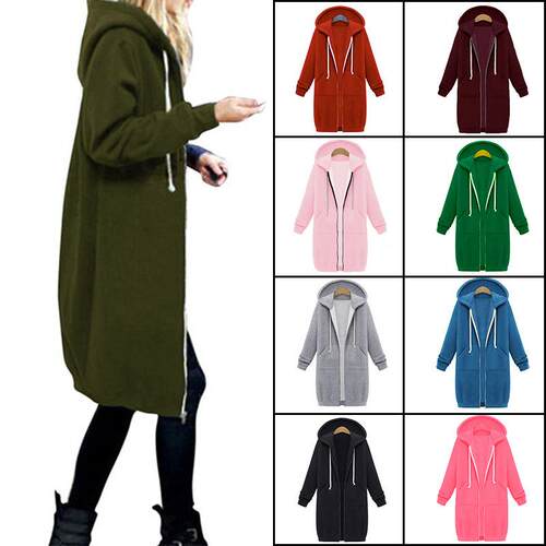 Women's hooded long sleeved hoodie, mid length jacket,