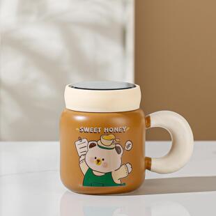 镜面带盖陶瓷杯卡通小熊马克杯家用套装 水杯高颜值礼品杯子大容量