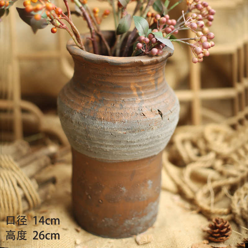 日式复古粗陶大花瓶手工仿古陶瓷花器中式客厅鲜花插花陶罐摆件