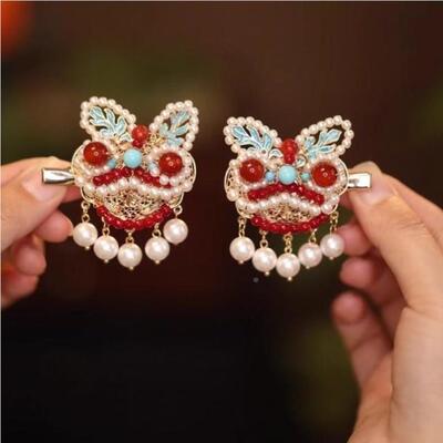 醒发狮夹中式GDC3356古典女儿童发红色马面裙头饰国装风饰汉服发