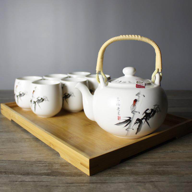 高档送竹托 托盘 景德镇陶瓷功档夫整茶具套组家用提梁茶壶茶杯套