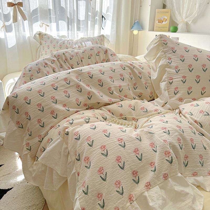 公主风法式纯水洗棉花边四件套少女系学生宿舍被套床单款床裙床笠