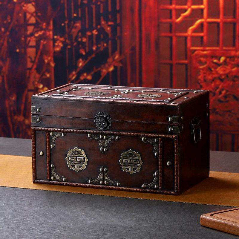 仿古代木盒木箱子长方形储物招财百宝箱新款结婚喜字复古箱子老式