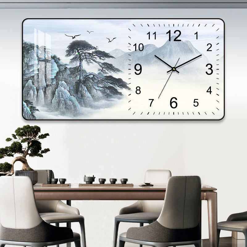 山水画客厅挂钟装饰画中国风表钟挂墙客厅静音石英钟免打孔挂钟