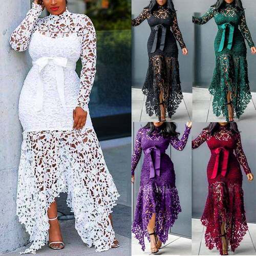 Women's Lace Hollow Out Long Sleeve Stand Collar Tie