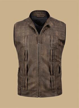 M 11869 leather men's vest 大码士工装皮马甲跨境外贸