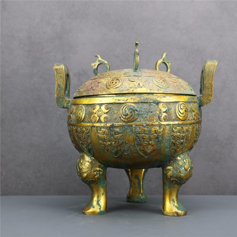 铜艺摆件 古做旧 战国错金团花流鼎 古董收藏品制作