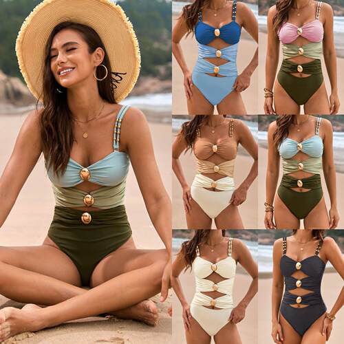 Swimsuit patchwork metal buckle swimsuit one-piece