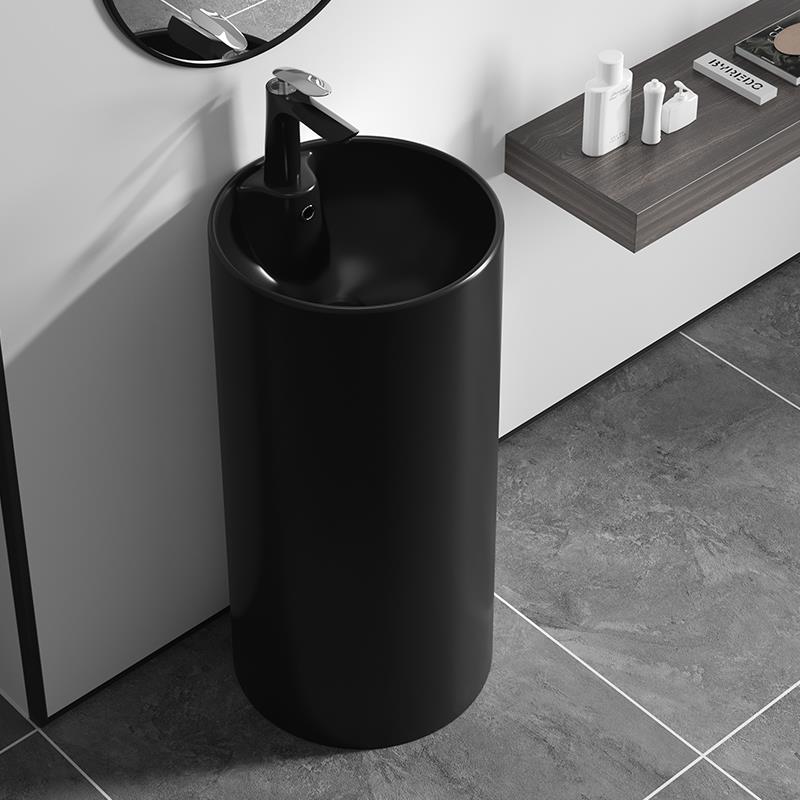 圆柱形立柱盆一体式洗手盆哑光黑洗脸盆落地式连身盆