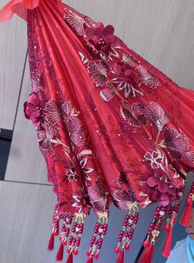 原创中式汉服结婚流苏绸布新娘红色婚庆旗袍伞中式婚礼古风婚伞