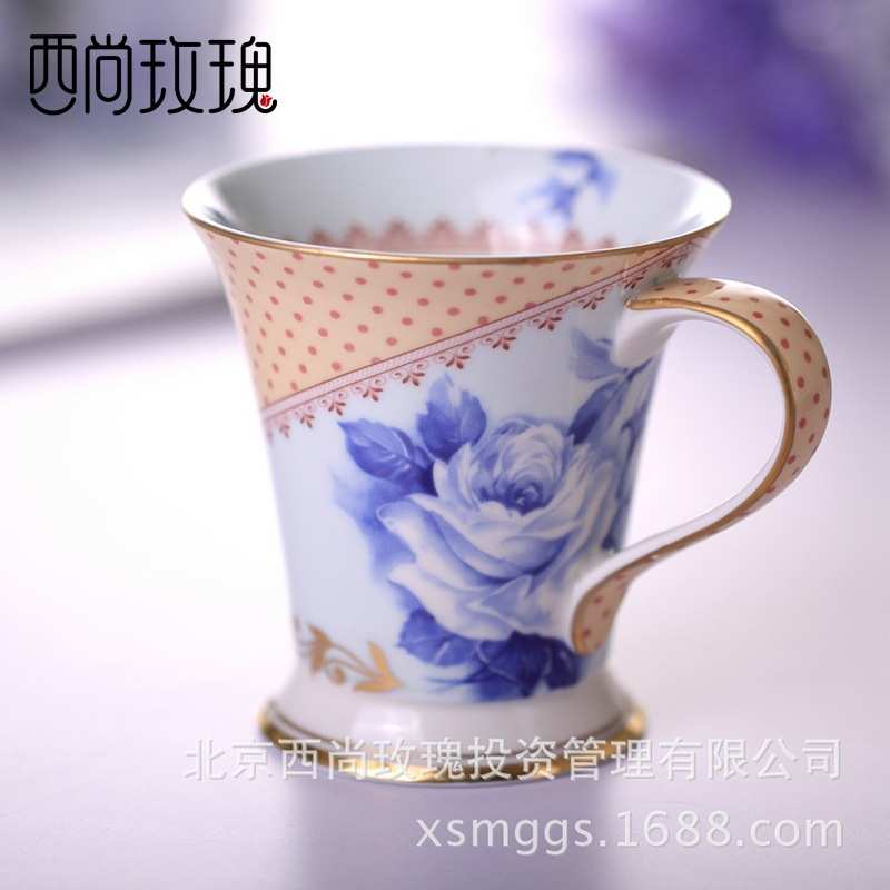 精美中彩陶瓷创意带 茶杯敞口 送礼杯马克手柄欧式外贸出口釉圆形