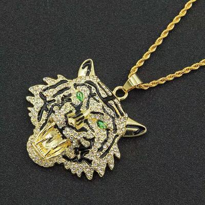 Hip-hop exaggerated green eyes tiger head pendant necklace m