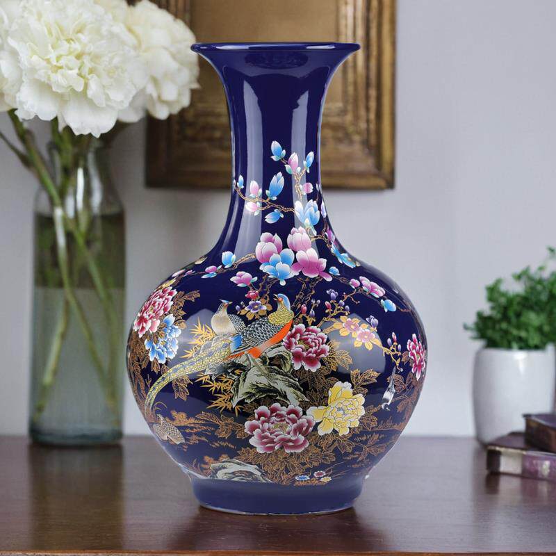 新中式陶瓷落地花瓶 宝石蓝釉手工制作 特大号居家插花装饰瓶