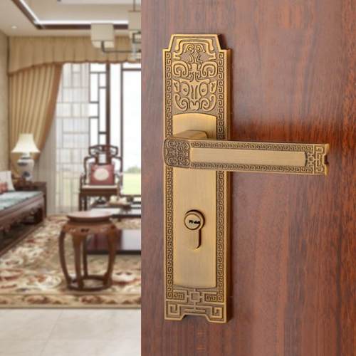 新中式房门锁卧室房门锁黄古铜家用门把手彷古磁吸静音实木门锁