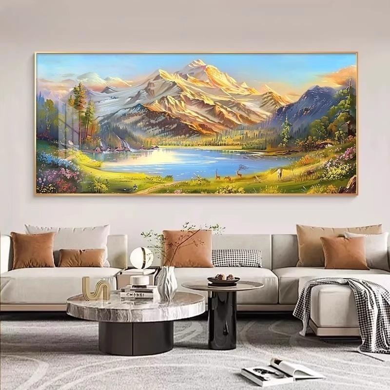 聚宝盆山水画客厅装饰画轻奢奶油风金山沙发背景墙挂画靠山图壁画