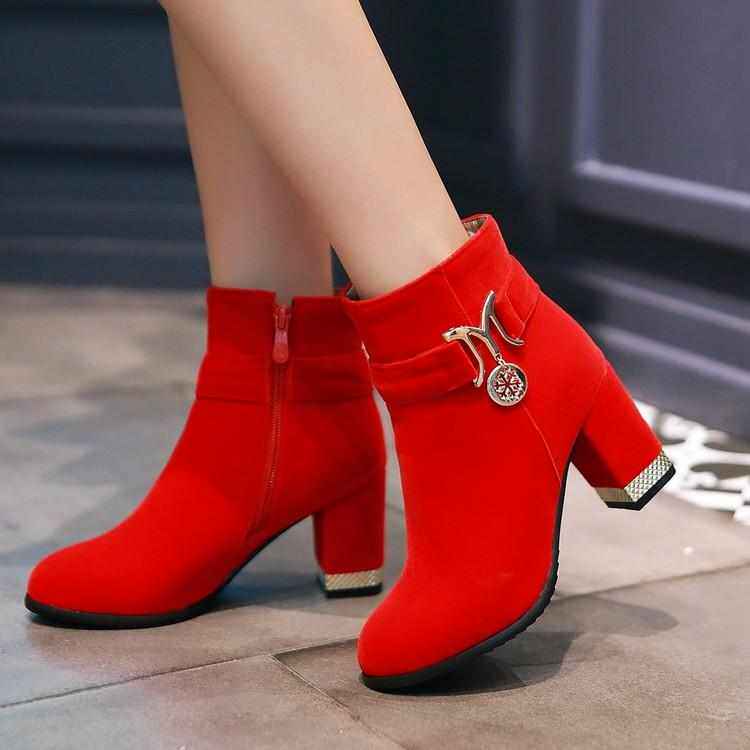 侧拉链婚鞋冬季新娘大红色40414243中筒结婚孕妇靴高跟女短靴棉靴