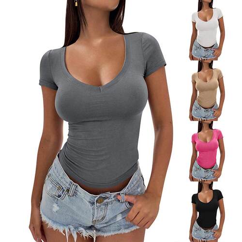 Women's Plain V Neck Basic Tee Casual Minimalist Short