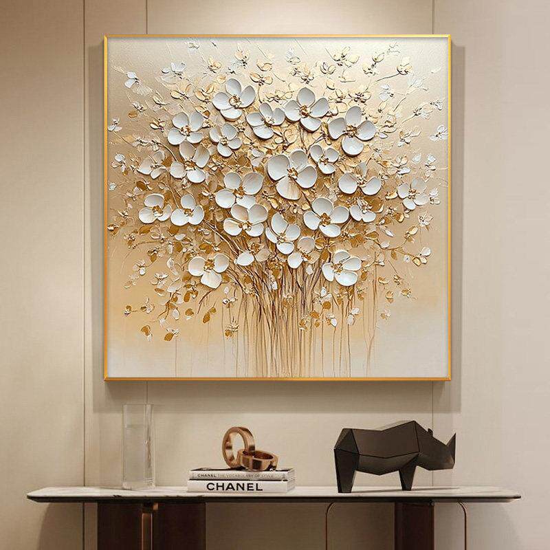 大芬村手绘油画发财花 玄关餐厅轻奢装饰画 100x100cm肌理客厅墙