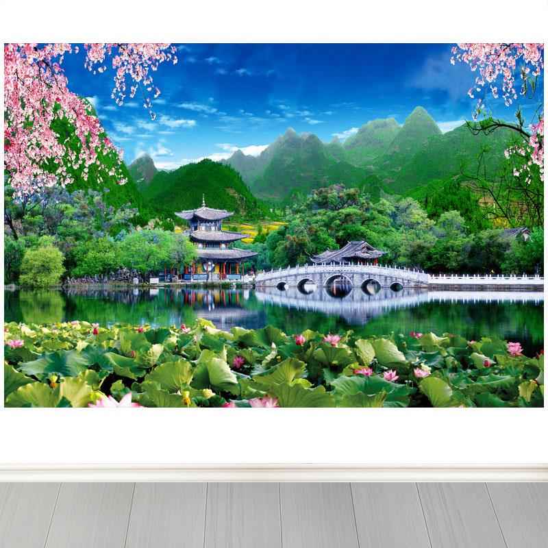 池塘荷花天空高山花开富贵玄关客厅背景墙书房海报自粘装饰防水画图片