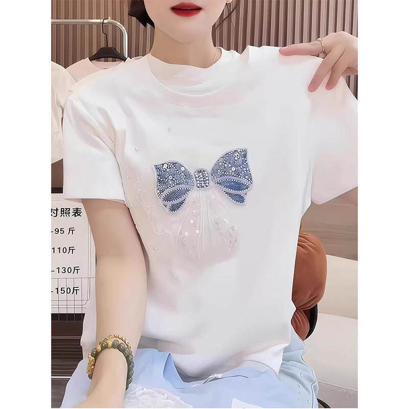 白色蝴蝶结重工钉珠短袖T恤女夏季欧货时尚百搭款设计感纯棉上衣