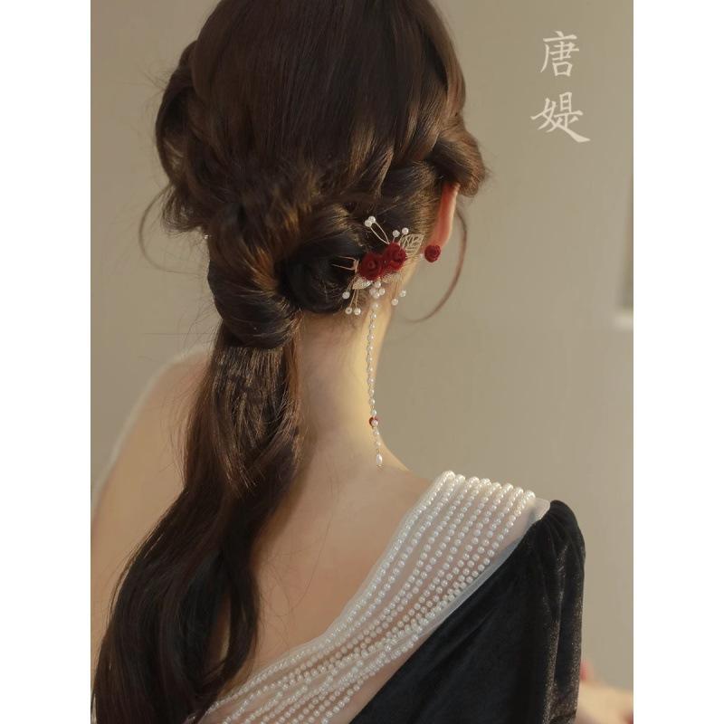 玫瑰花红色流苏发簪高级中国发饰