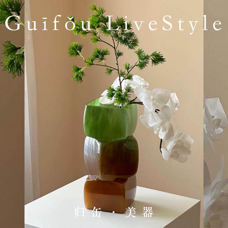 归缶新中式琉璃方口花瓶小众设计感水培鲜花几何绿色玻璃花器摆件