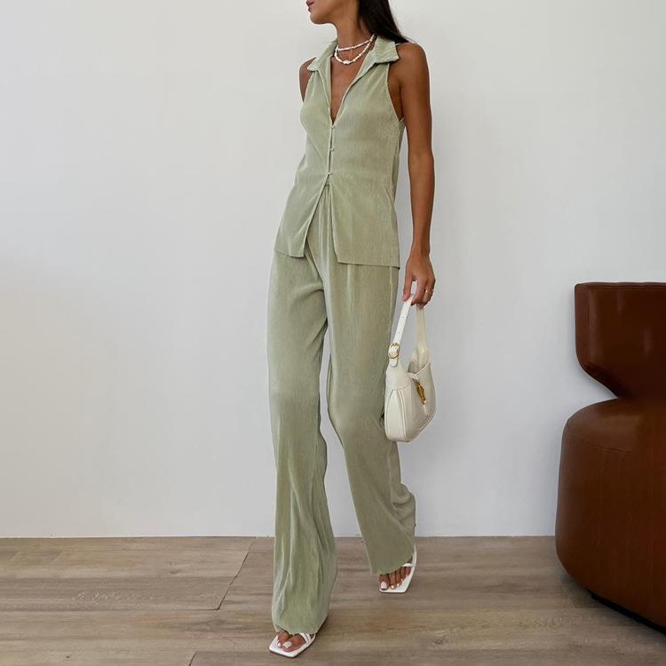 Womens Casual Solid Color Sleeveless Shirt High Waist Pants