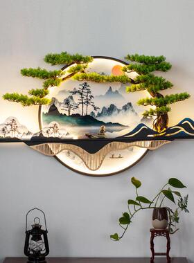 新中式挂画 画客厅茶室玄关背景墙上装饰画 画立体迎客松带灯铁艺