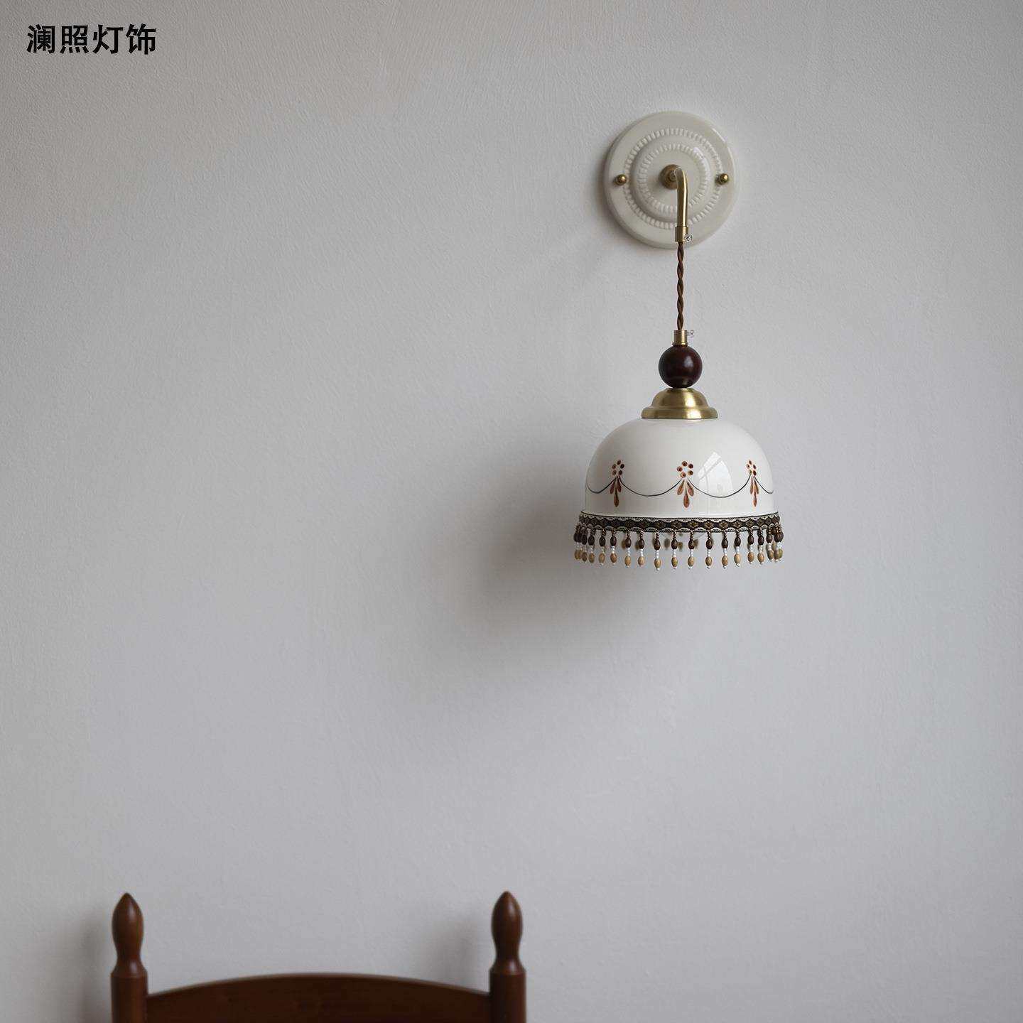 中古风手绘陶瓷床头壁灯法式复古全铜卧室卫生间客厅玄关阳台灯具