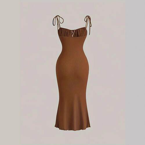 Womens Plain Ruched Tie Front Cami Dress Elegant Sleeveless