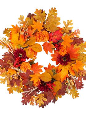 秋季叶红色枝葵花花环气氛CIW布道具置丰枫收节枯藤圈装饰门挂